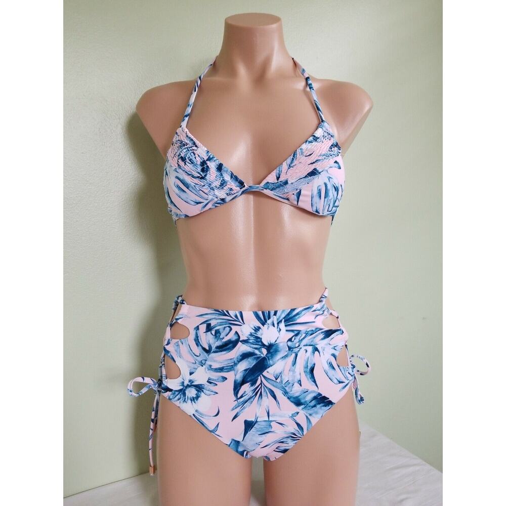 Bar III Tropic Garden Lagoon floral high waist bikini bottom & top 2pc set